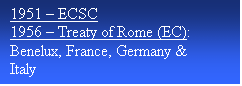 Text Box: 1951  ECSC
1956  Treaty of Rome (EC):
Benelux, France, Germany & Italy
